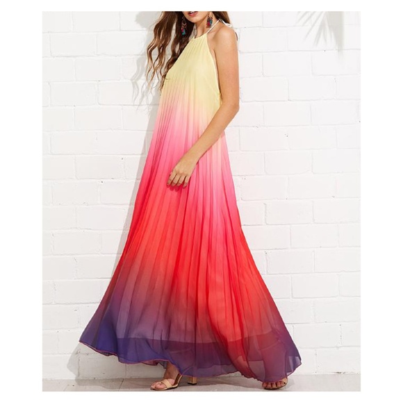 Multicolor Ombre Backless Pleated Halter Maxi Dress - Picture 3 of 4